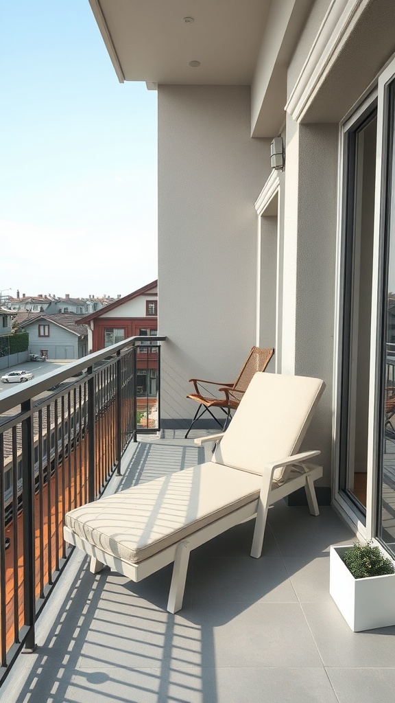 A small balcony featuring a sun lounger and a chair with a potted plant