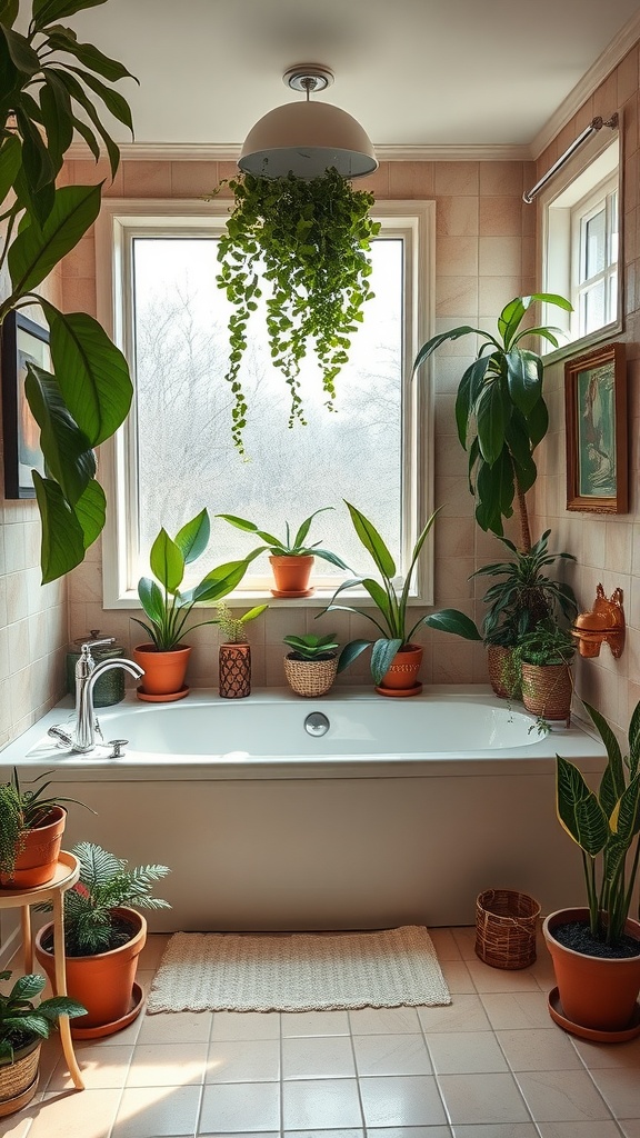 A sunken bathtub surrounded by potted plants in a cozy bathroom setting.