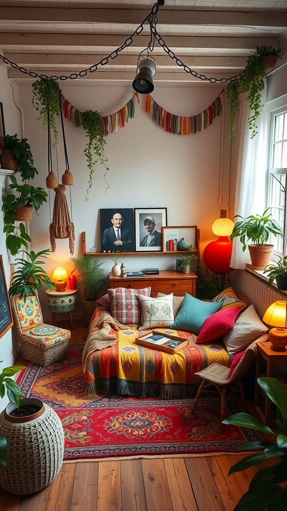 A cozy boho style bedroom featuring a sunken bed with colorful textiles and plants.