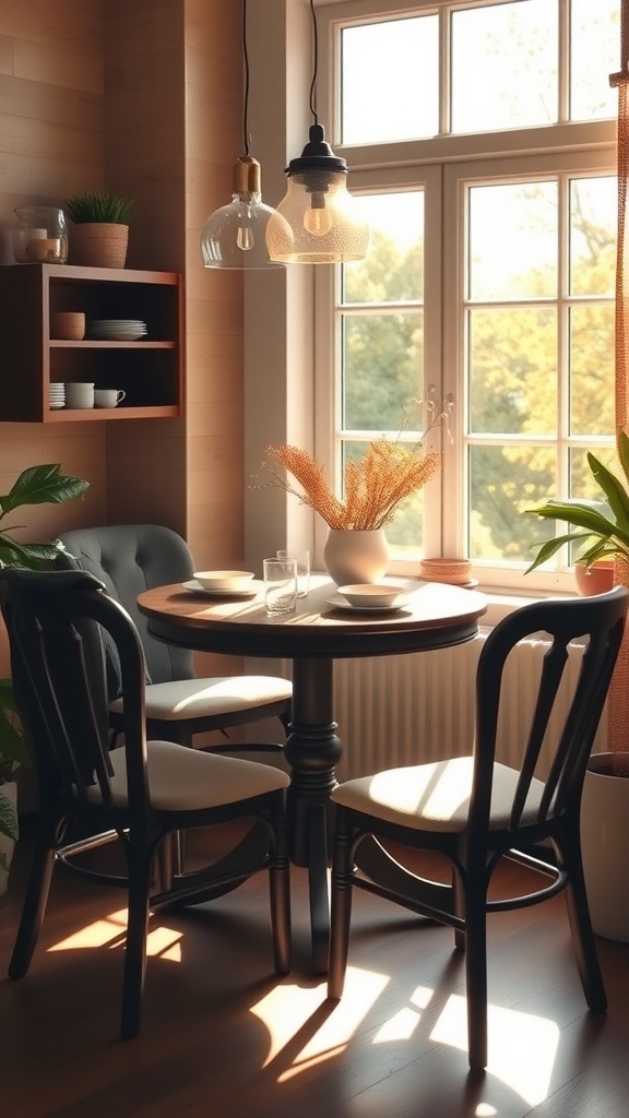 A sunlit kitchen nook with a round table and comfortable chairs, surrounded by plants and shelves.