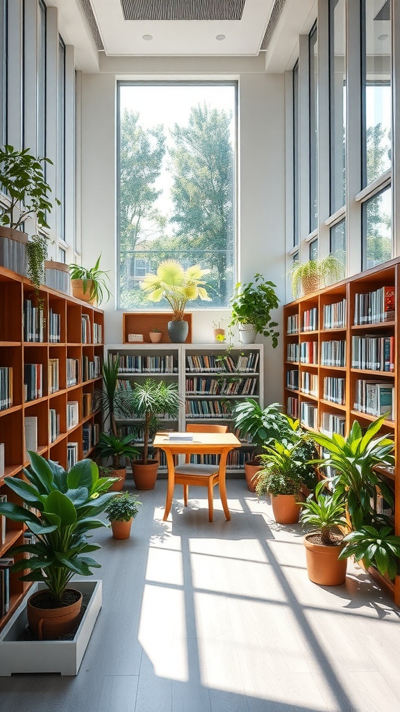 A cozy library corner featuring floor-to-ceiling windows, wooden bookshelves, and various indoor plants.