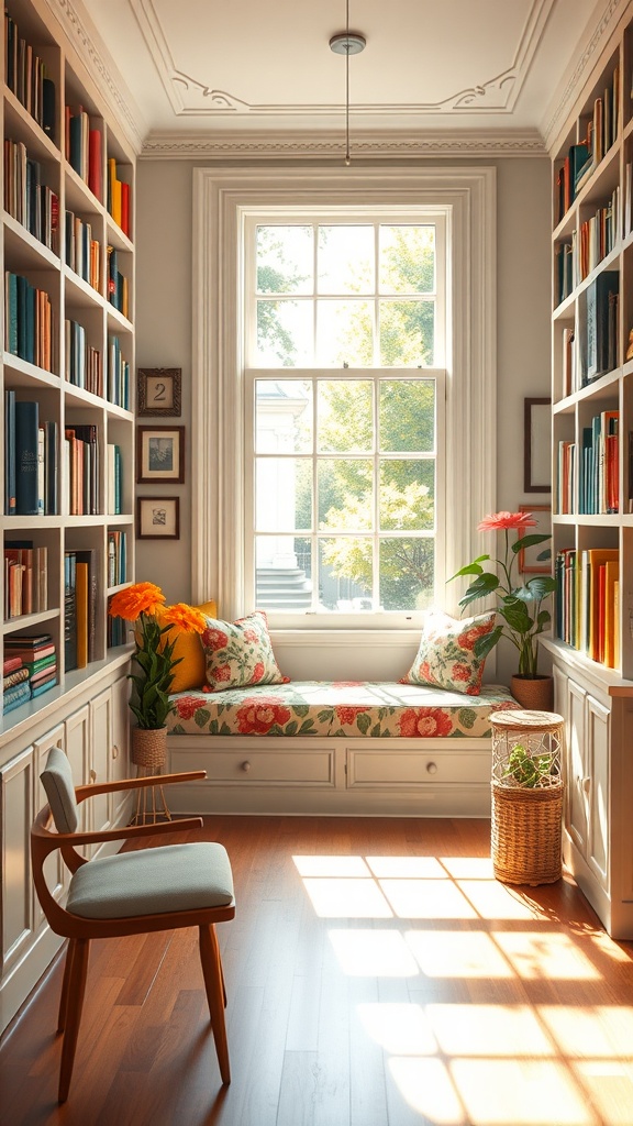 A cozy library with a floral window seat, surrounded by bookshelves and natural light.