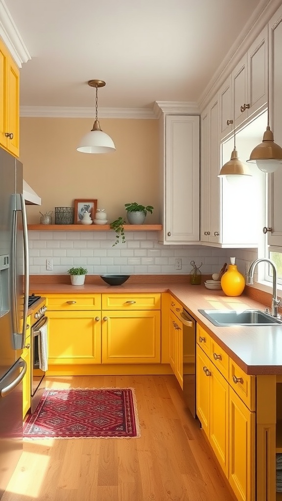 A kitchen featuring sunny yellow lower cabinets and crisp white upper cabinets, with natural wood countertops and a cozy rug.