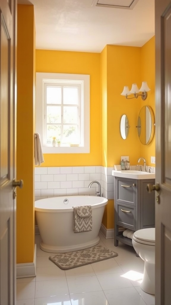 Bright bathroom with sunny yellow walls and gray accents, featuring a freestanding tub and modern fixtures.