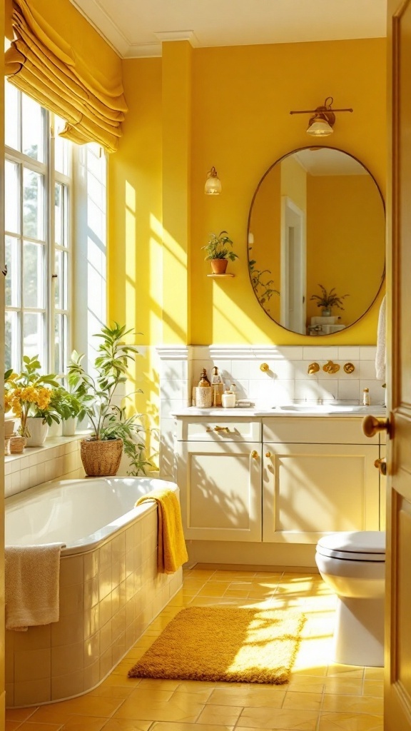 A bright yellow bathroom with modern fixtures and natural light.