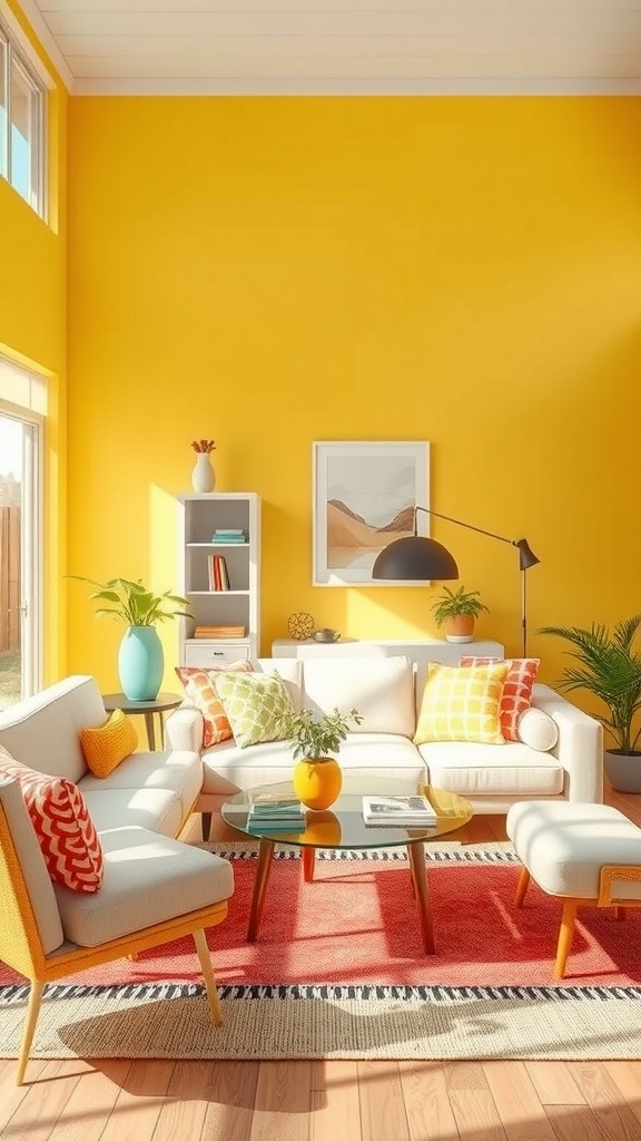 Bright living room with sunny yellow walls and colorful decor