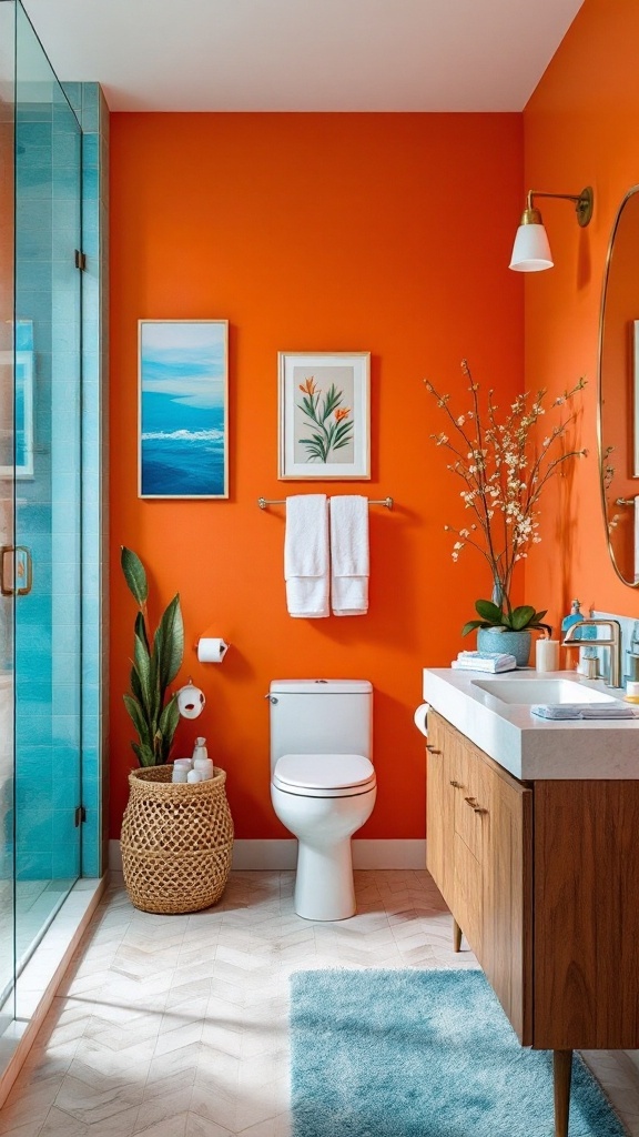 A bathroom featuring sunset orange walls and ocean blue accents, with a white bathtub and a framed sunset painting.