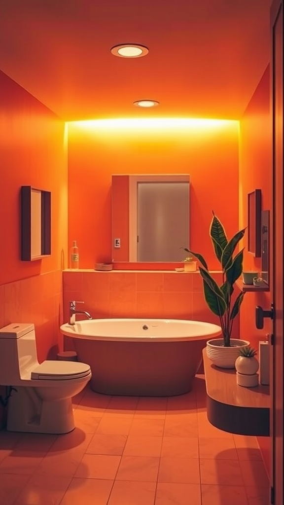 A bathroom with sunset orange walls, a rounded bathtub, soft lighting, and a plant in the corner.