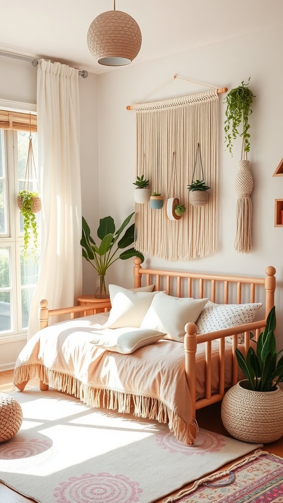 Boho style bedroom for toddlers with wooden bed, bright pillows, macramé wall hangings, and plants.