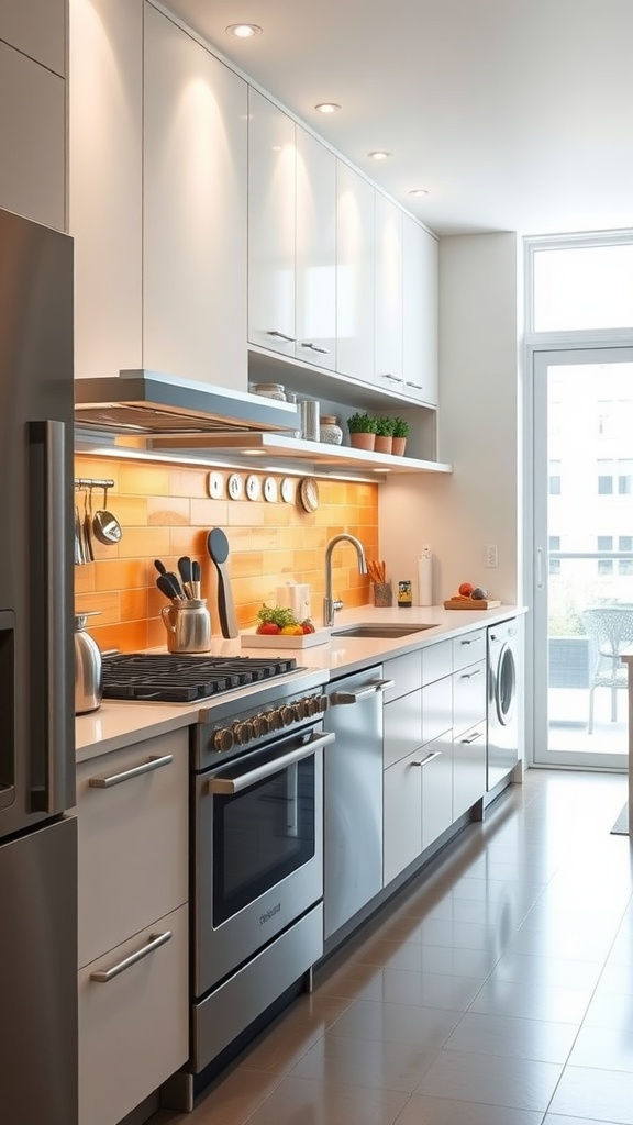 A modern galley kitchen with orange backsplash, sleek cabinets, and stainless steel appliances.
