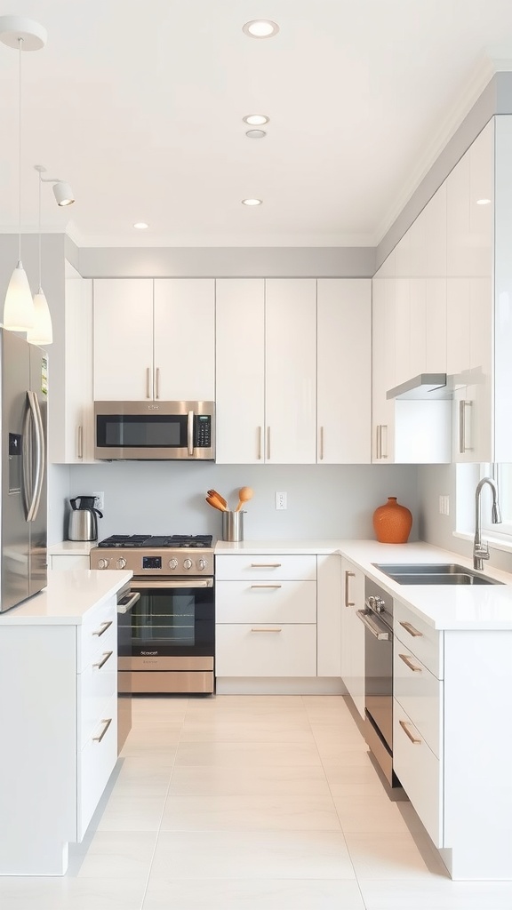 Modern U-shaped kitchen with white countertops and sleek appliances