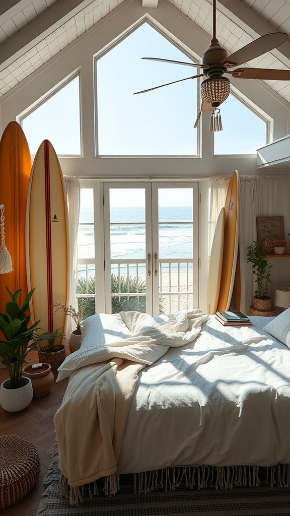 Bright boho coastal bedroom with surfboards, large windows, and a view of the beach.