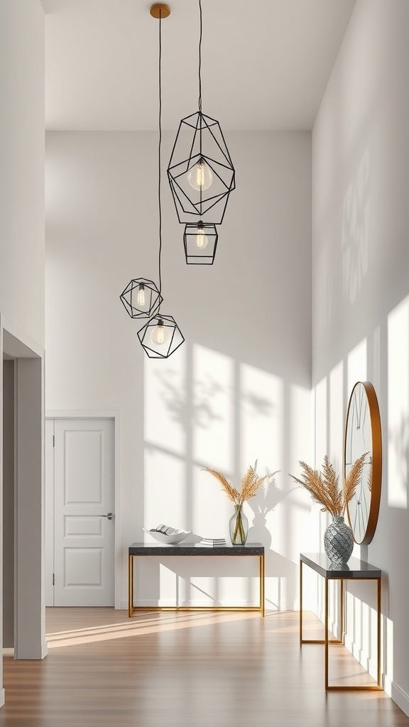 A modern foyer featuring suspended geometric pendant lights, showcasing three pendants with black wire frames and warm glowing bulbs.