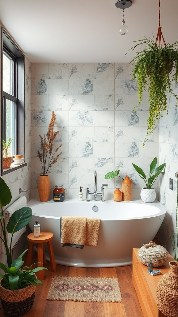 A beautifully designed Boho bathroom featuring a freestanding tub, plants, and natural wooden accents.