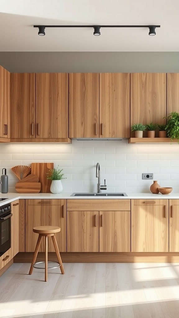 A modern kitchen featuring sustainable wooden cabinets, a sleek sink, and decorative plants.