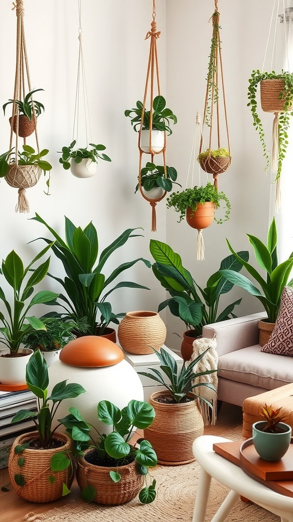 A cozy interior featuring various houseplants in different pots, showcasing a blend of Boho Chic and greenery.