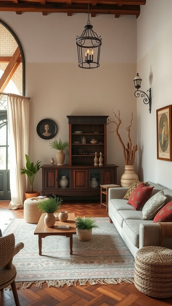 A cozy living room featuring Mediterranean and Gothic design elements, with wooden beams, plants, and natural decor.