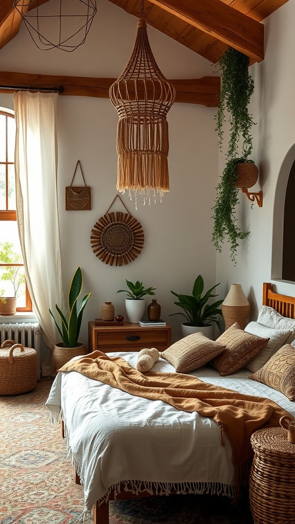 A cozy Boho bedroom with natural decor, plants, and warm textiles.