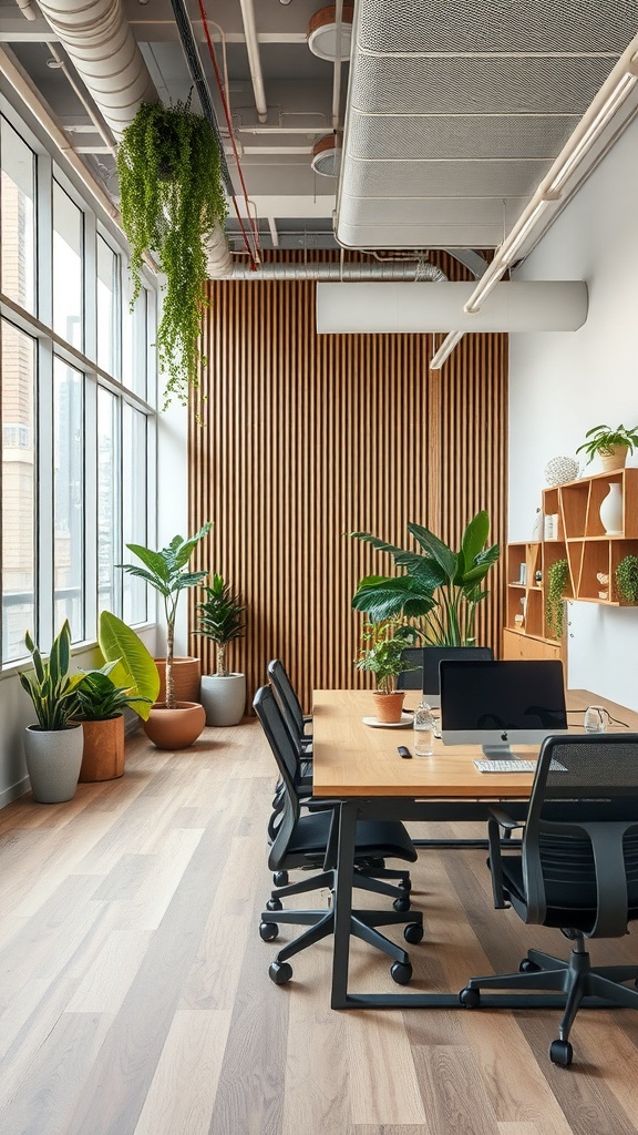 A modern office interior featuring plants, wooden wall, and stylish furniture.