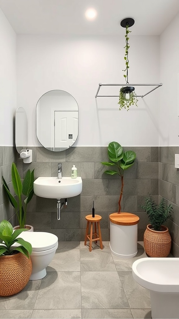 A modern, eco-friendly bathroom featuring plants, natural materials, and sleek fixtures.