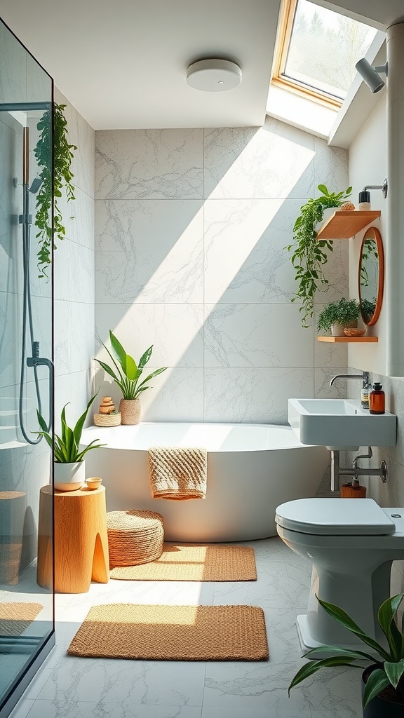 Eco-friendly bathroom design featuring plants, natural light, and earthy tones