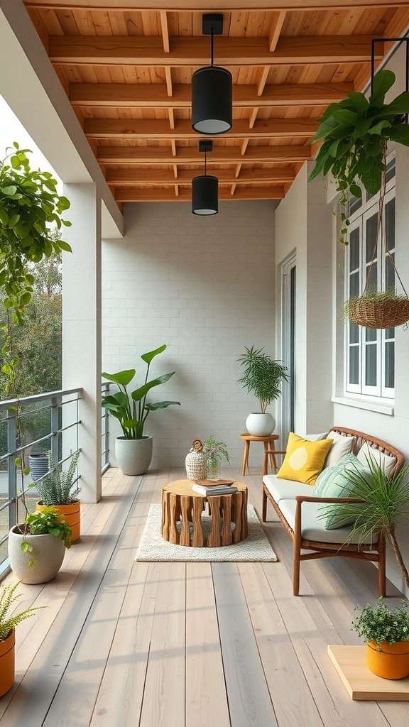 A modern small balcony with wooden ceiling, stylish furniture, and various plants.