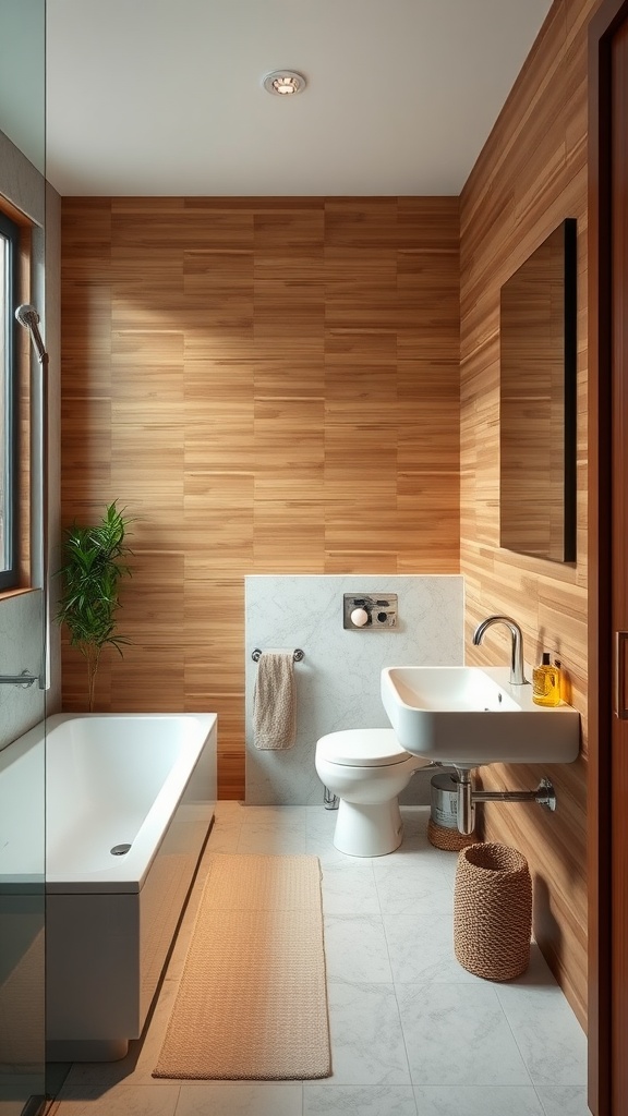 Modern luxury bathroom featuring sustainable materials with wooden walls and eco-friendly fixtures.