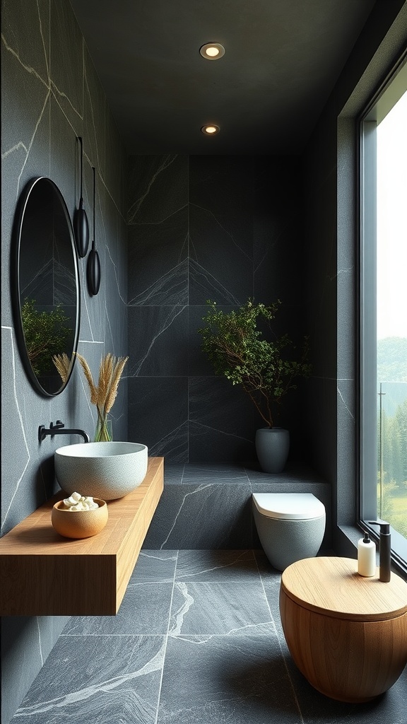 A modern bathroom featuring a wooden ceiling, stone-like tiles, and a plant.