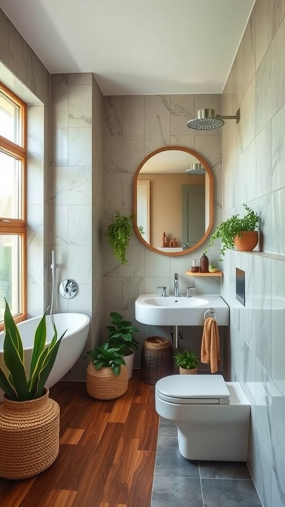 A stylish farmhouse bathroom featuring wooden flooring, stone wall tiles, a round mirror, and indoor plants in woven baskets.