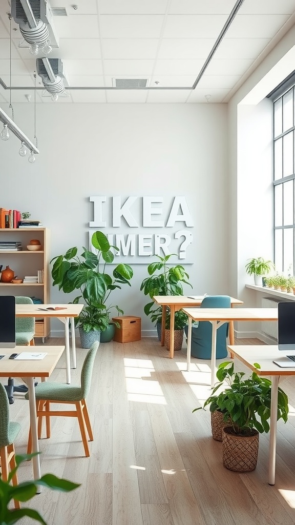 A bright and airy office space with natural wood furniture and various indoor plants, featuring the text 'IKEA' on the wall.