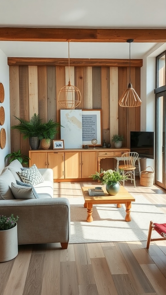 A bright modern living room with rustic wooden accents, featuring a cozy sofa, wooden furniture, and plants.