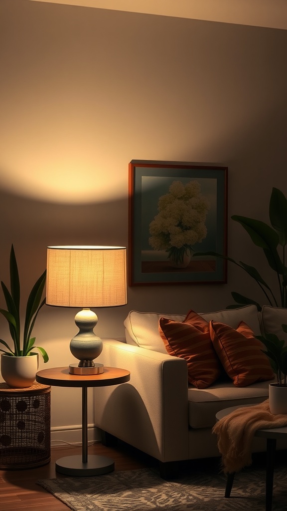 A cozy living room setup featuring a stylish table lamp next to a sofa, with decorative pillows and plants.