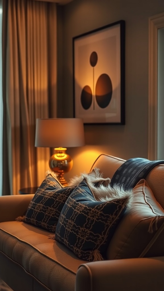 Cozy living room setup with a stylish table lamp, plush sofa, and decorative pillows
