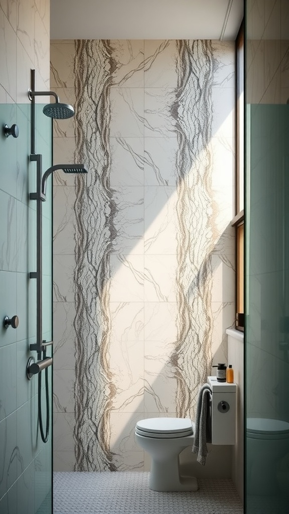 A tall feature wall in a walk-in shower with elegant stone-like tiles and a sleek modern design.