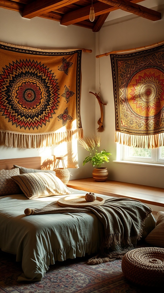 Cozy bedroom featuring two colorful tapestries with intricate designs on the walls, a soft bed with earthy tones, and a touch of greenery.