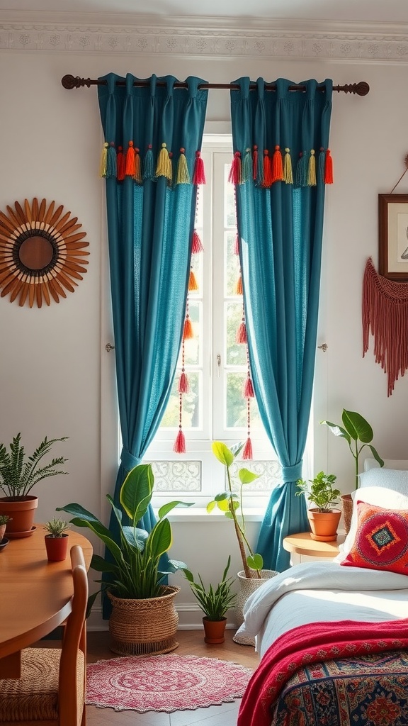 A cozy bedroom featuring vibrant tassel fringe curtains in blue, adorned with colorful tassels, surrounded by plants and warm decor.