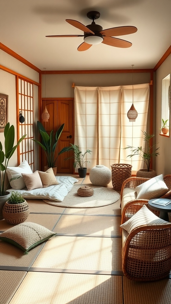 Cozy Japanese Boho bedroom featuring tatami mat flooring, cushions, plants, and rattan furniture.