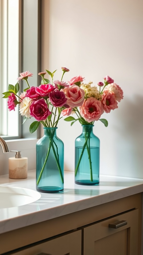 Two teal glass vases with flowers on a bathroom countertop