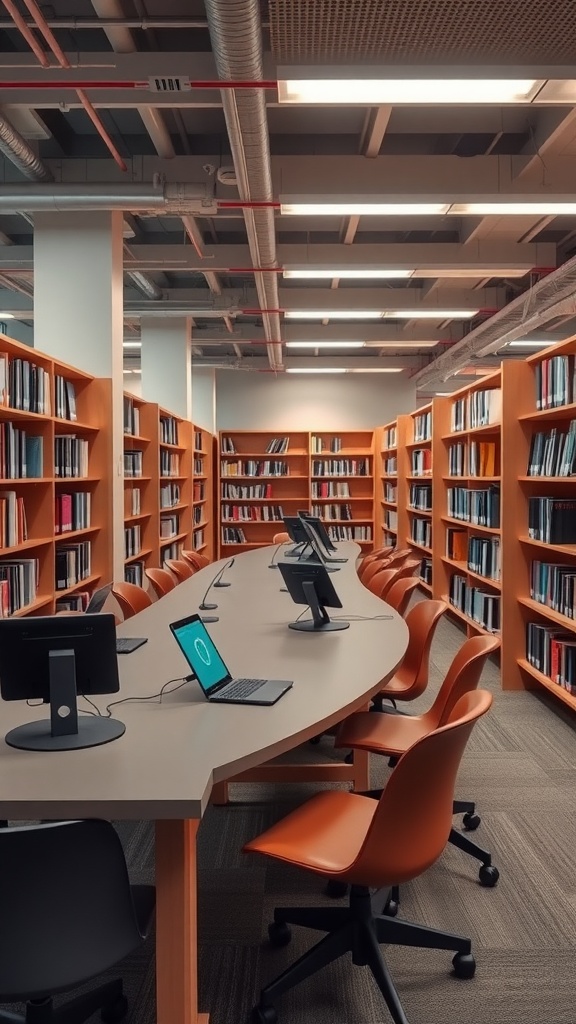 A modern library featuring charging stations, computers, and bookshelves.