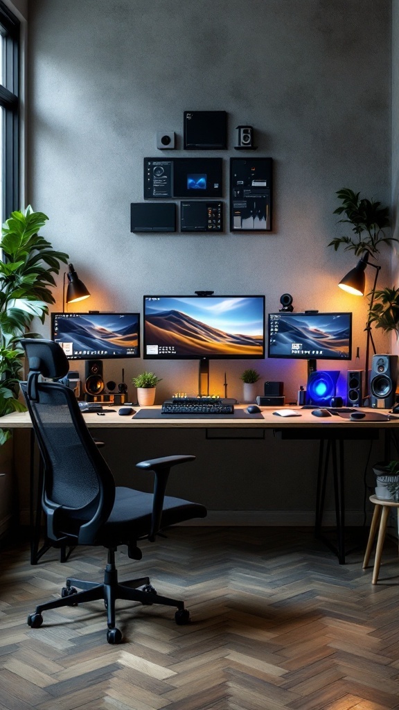 A modern small office setup featuring multiple monitors, an ergonomic chair, and organized shelves with tech gadgets and plants.