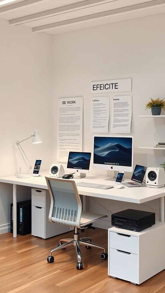 A modern tech-friendly workstation setup featuring dual monitors, storage units, and a clean aesthetic.