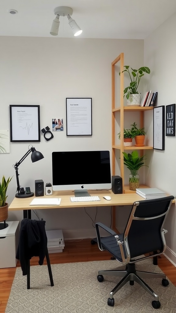 A modern home office setup featuring a sleek desk, computer monitor, ergonomic chair, plants, and minimalist decor.