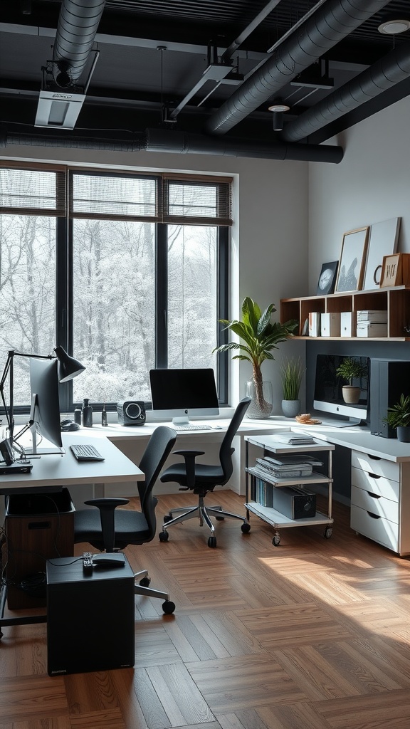 A modern tech-savvy home office featuring ergonomic furniture and a bright atmosphere.