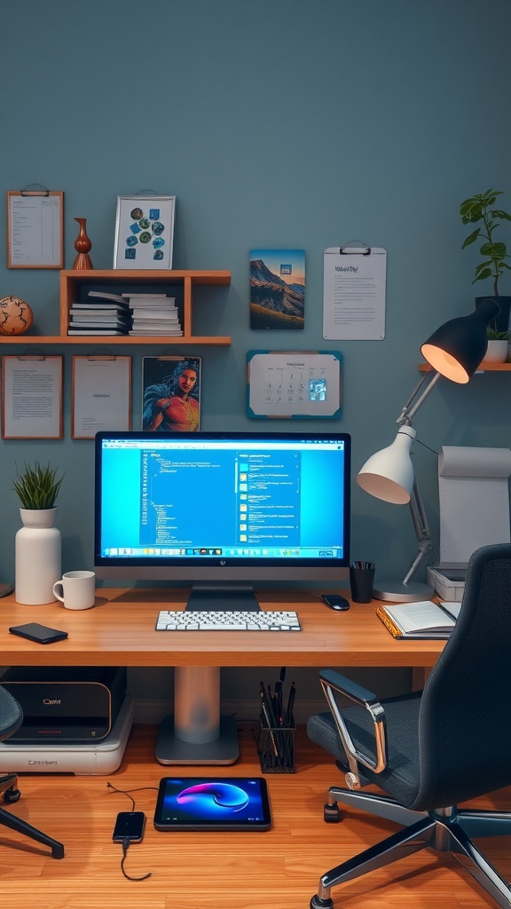 A modern workspace featuring a large monitor, keyboard, tablet, and organized shelves, designed for productivity.