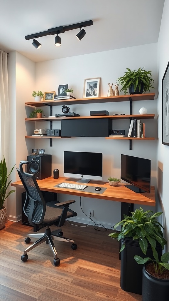 Modern masculine home office with tech gadgets, wooden desk, and plants