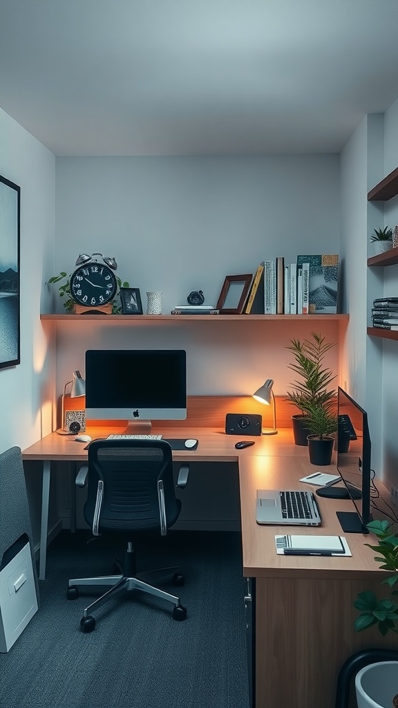 A cozy tiny home office featuring a modern desk setup with two computers, warm lighting, and plants.