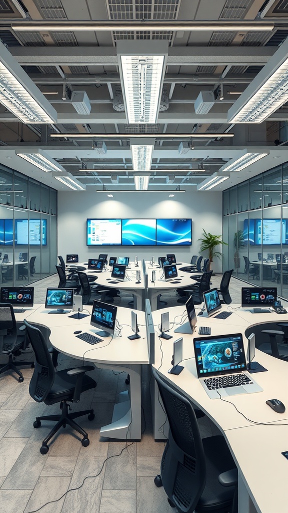 A modern office layout featuring multiple technology integrated workstations with computers and large wall screens.
