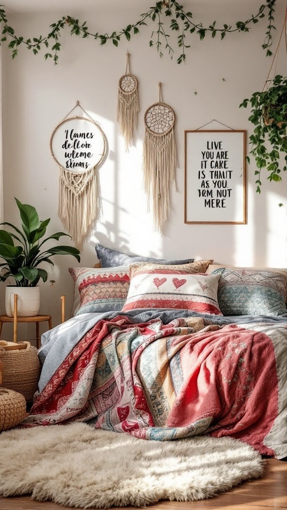 A Boho bedroom for teens featuring vibrant colors, macramé planters, and a cozy bed.