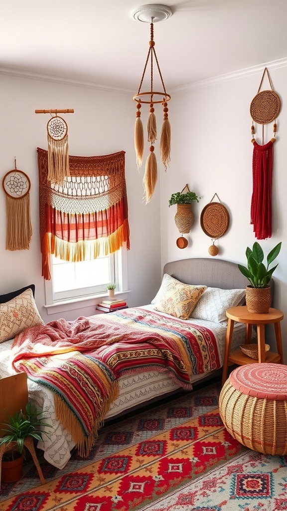 A cozy boho bedroom for teens with colorful textiles, wall hangings, and plants.