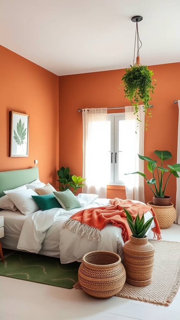 Cozy bedroom with terracotta walls, green plants, and a stylish bed.